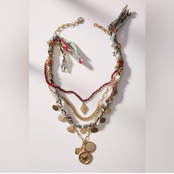 Anthropologie Jewelry - New Anthropologie Aspen Stone Layered Necklace Gold Charm Textile